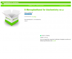 2-Меркаптоэтанол, для биохимии; ß-Mercaptoethanol for biochemistry, 100 мл (арт. 1425ML100)